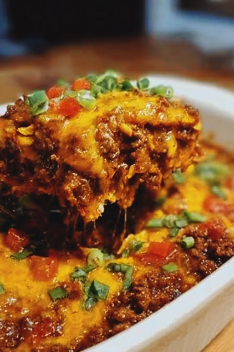 Delicious beef taco casserole served in a dish with toppings
