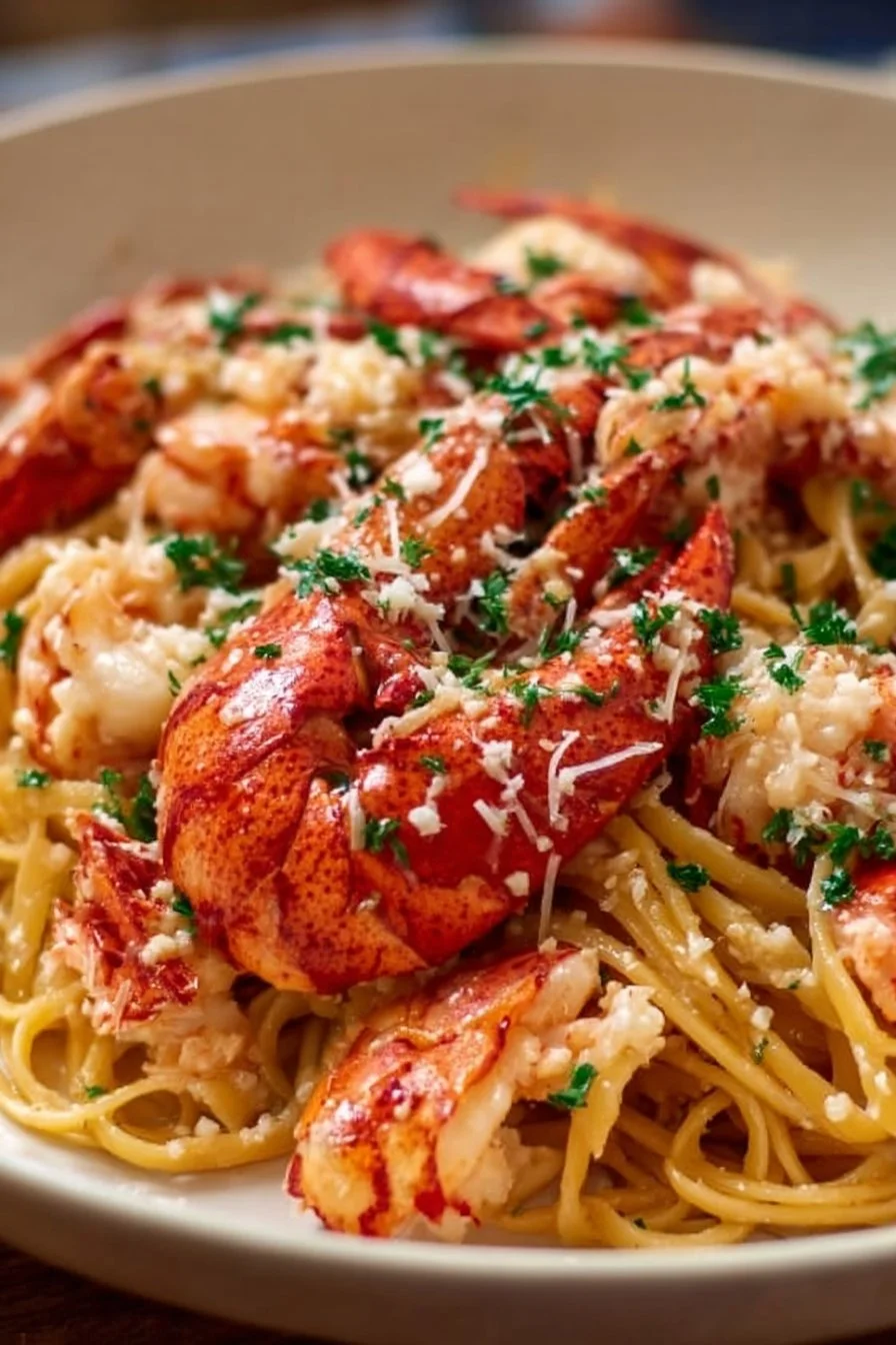 Delicious buttered lobster pasta served in a creamy sauce with fresh herbs.