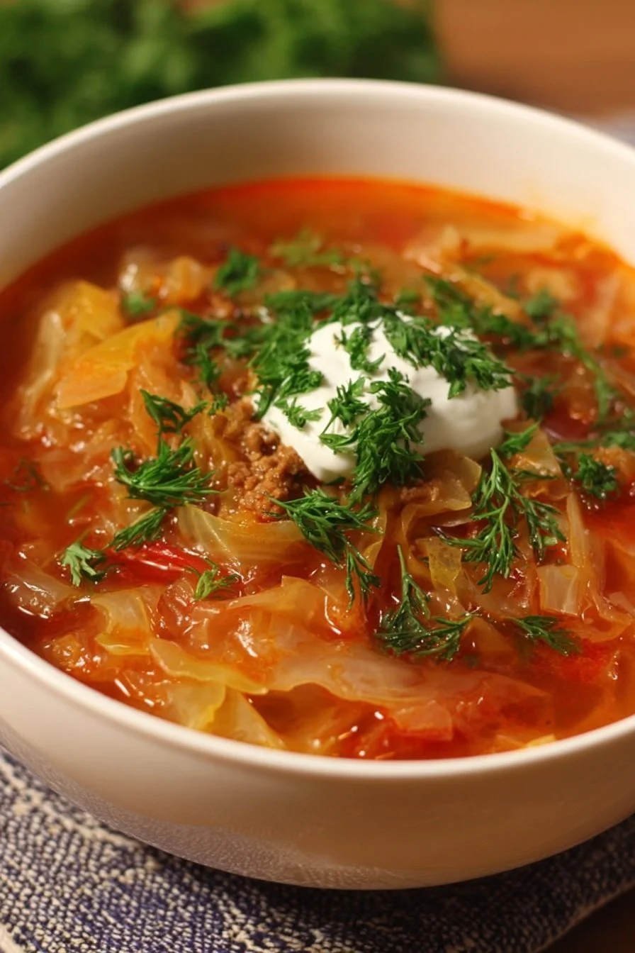 A bowl of hearty cabbage roll soup topped with herbs and served with bread.