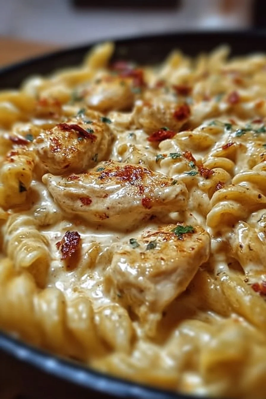 Baked Cajun Cream Cheese Chicken Pasta served in a casserole dish