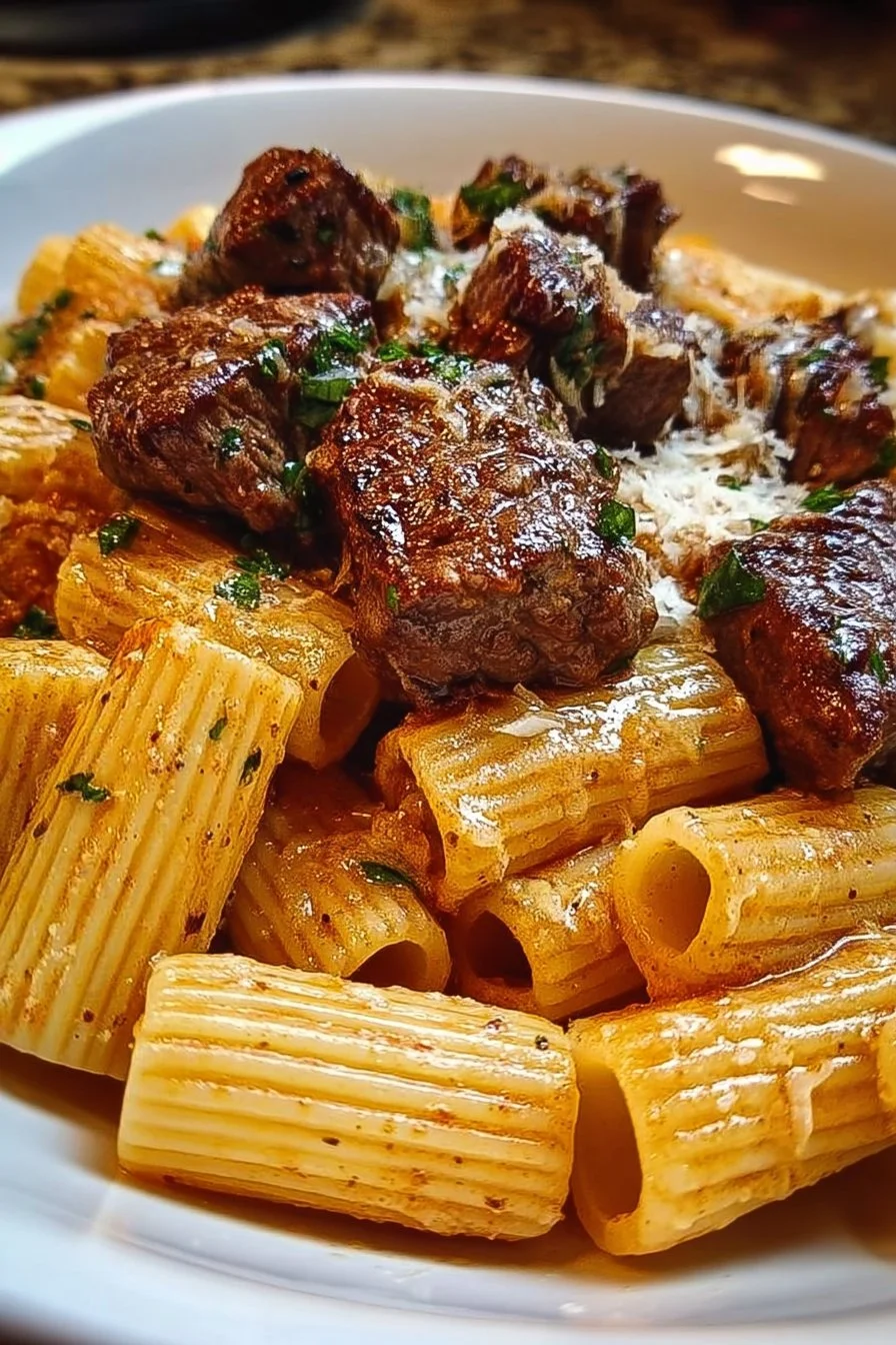 Cajun Steak Tips with Parmesan Rigatoni 5 Cajun steak tips served with Parmesan rigatoni on a plate