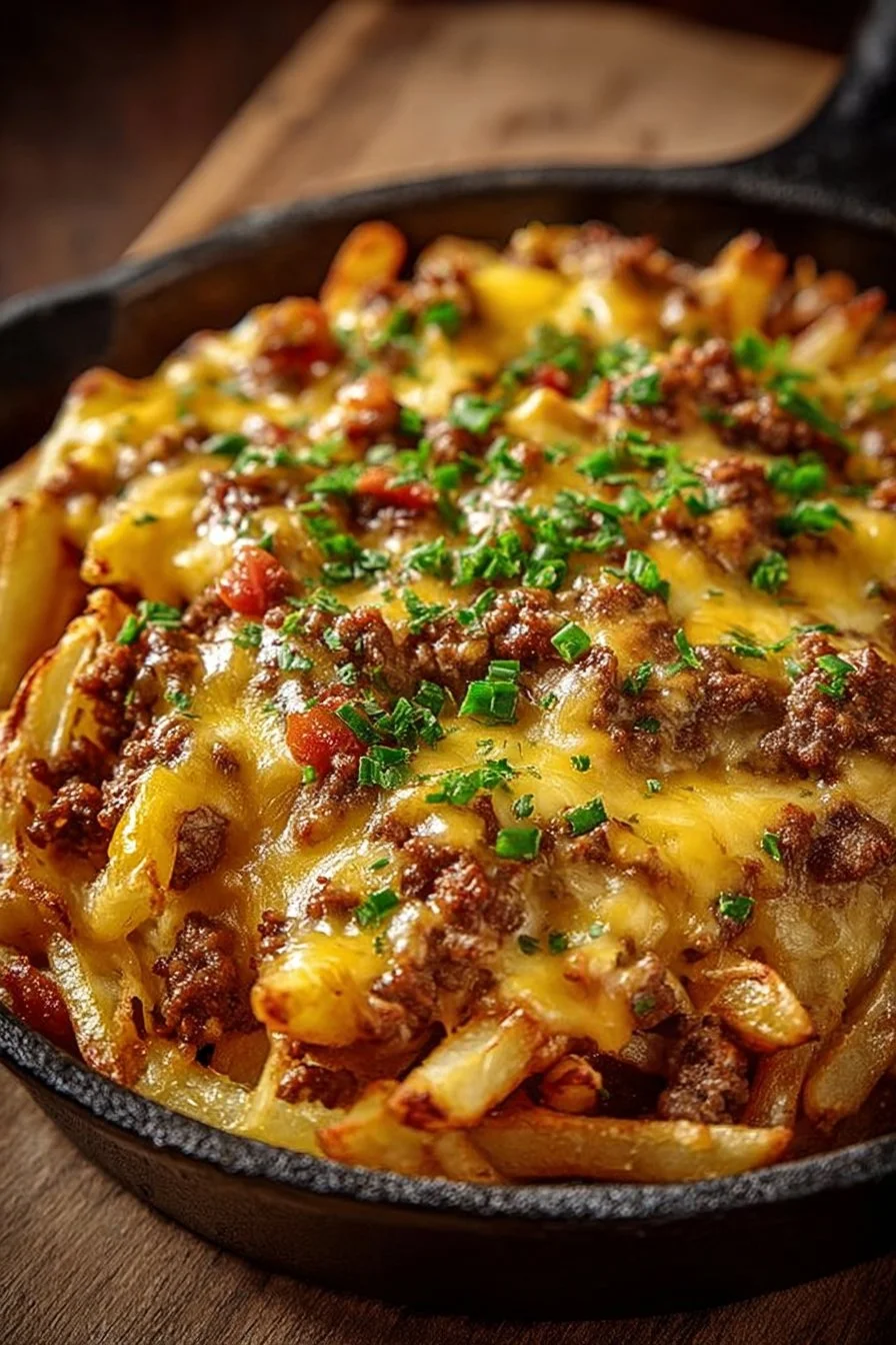 Cheeseburger Casserole topped with crispy French fries