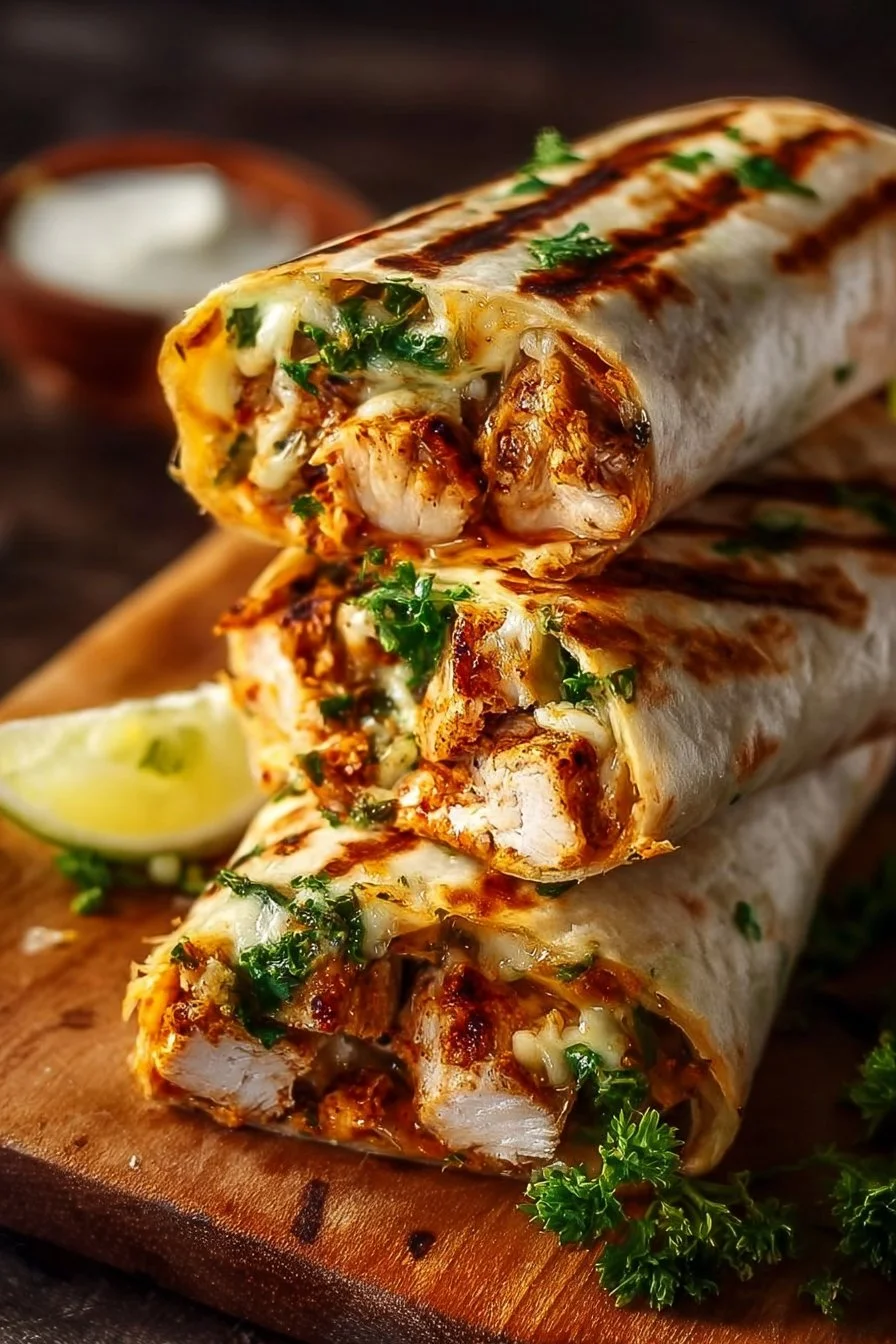 Cheesy Garlic Chicken Wraps 2 Cheesy garlic chicken wraps garnished with fresh herbs