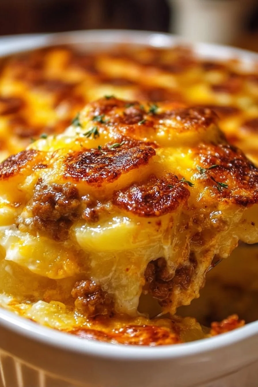 Cheesy hamburger potato casserole served in a baking dish