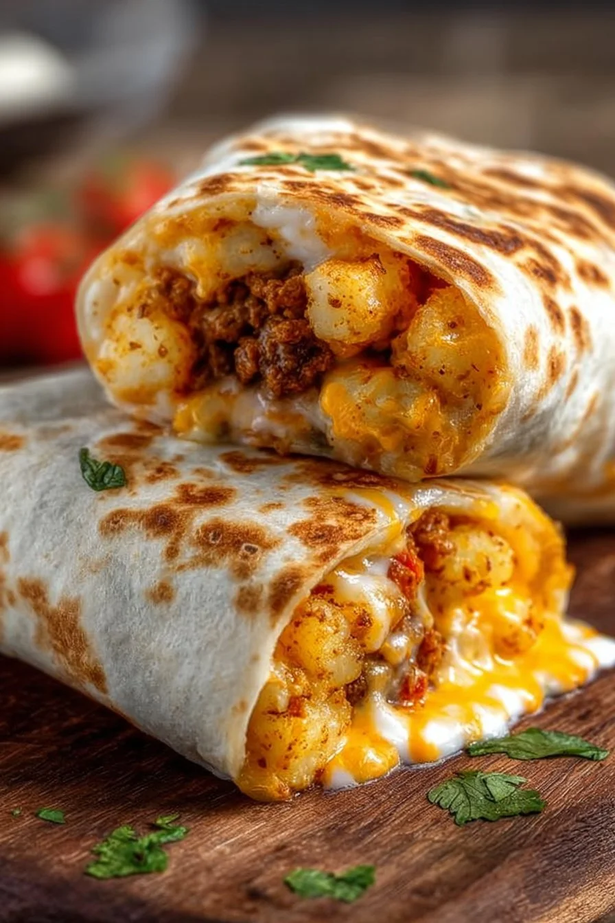 Cheesy Potato Burritos Comfort Meal Recipe 2 Cheesy potato burritos served on a plate, showcasing delicious comfort food.