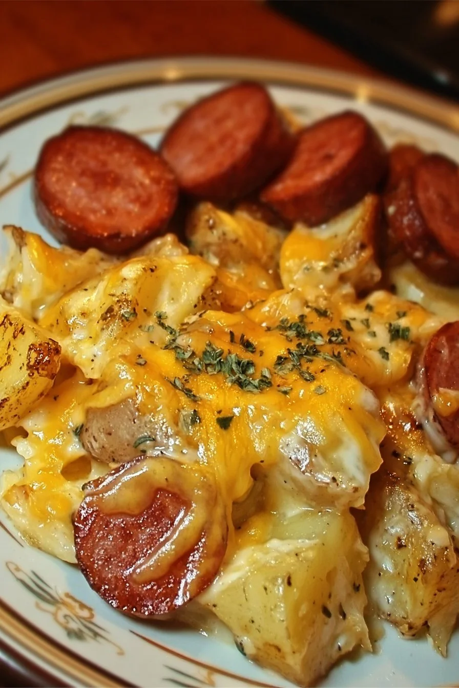 Delicious Cheesy Ranch Potatoes garnished and served with smoked sausage.