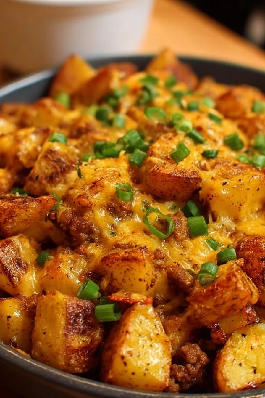 Cheesy Taco Potatoes 2 Cheesy taco potatoes topped with cheese and toppings on a plate