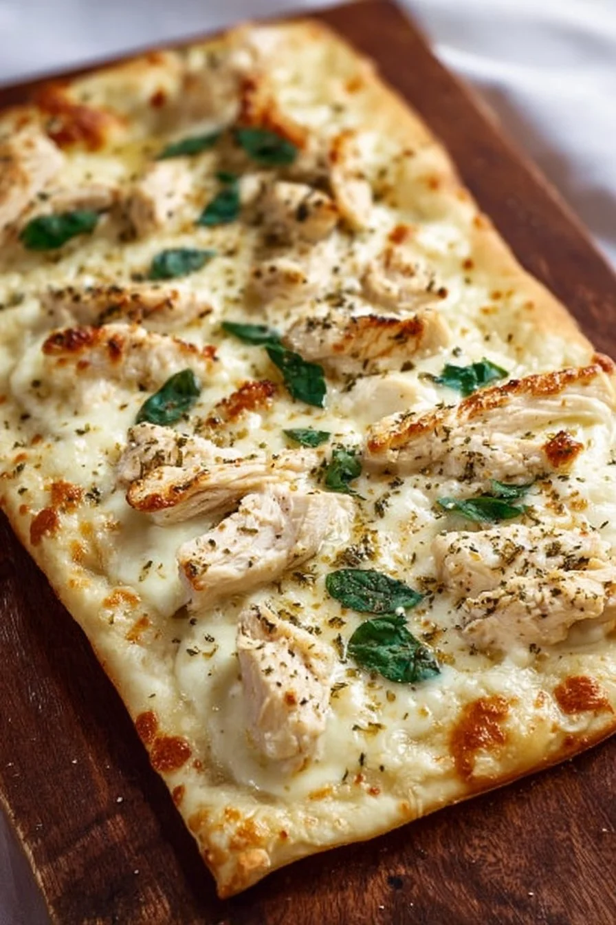 Delicious Chicken Alfredo Flatbread with creamy sauce and chicken