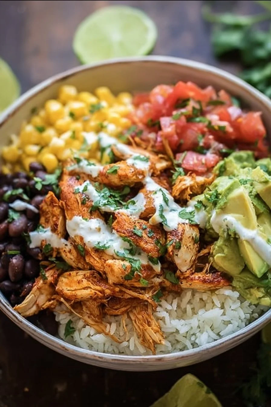 Delicious Chicken Burrito Bowl with rice, chicken, beans, and fresh toppings