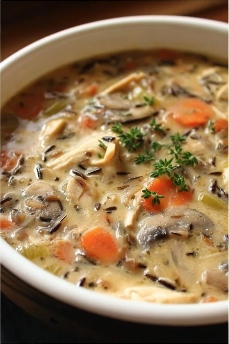 Chicken, Mushroom, and Wild Rice Soup 2 Bowl of Chicken, Mushroom, and Wild Rice Soup garnished with herbs