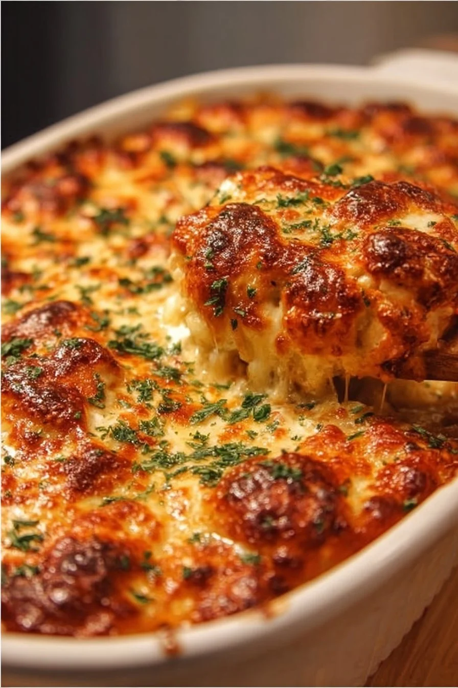 Delicious Chicken Parmesan casserole topped with melted cheese and marinara sauce