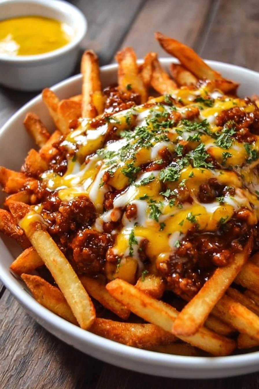 Chili Cheese Fries Recipe 2 Delicious chili cheese fries topped with savory chili and melted cheese.