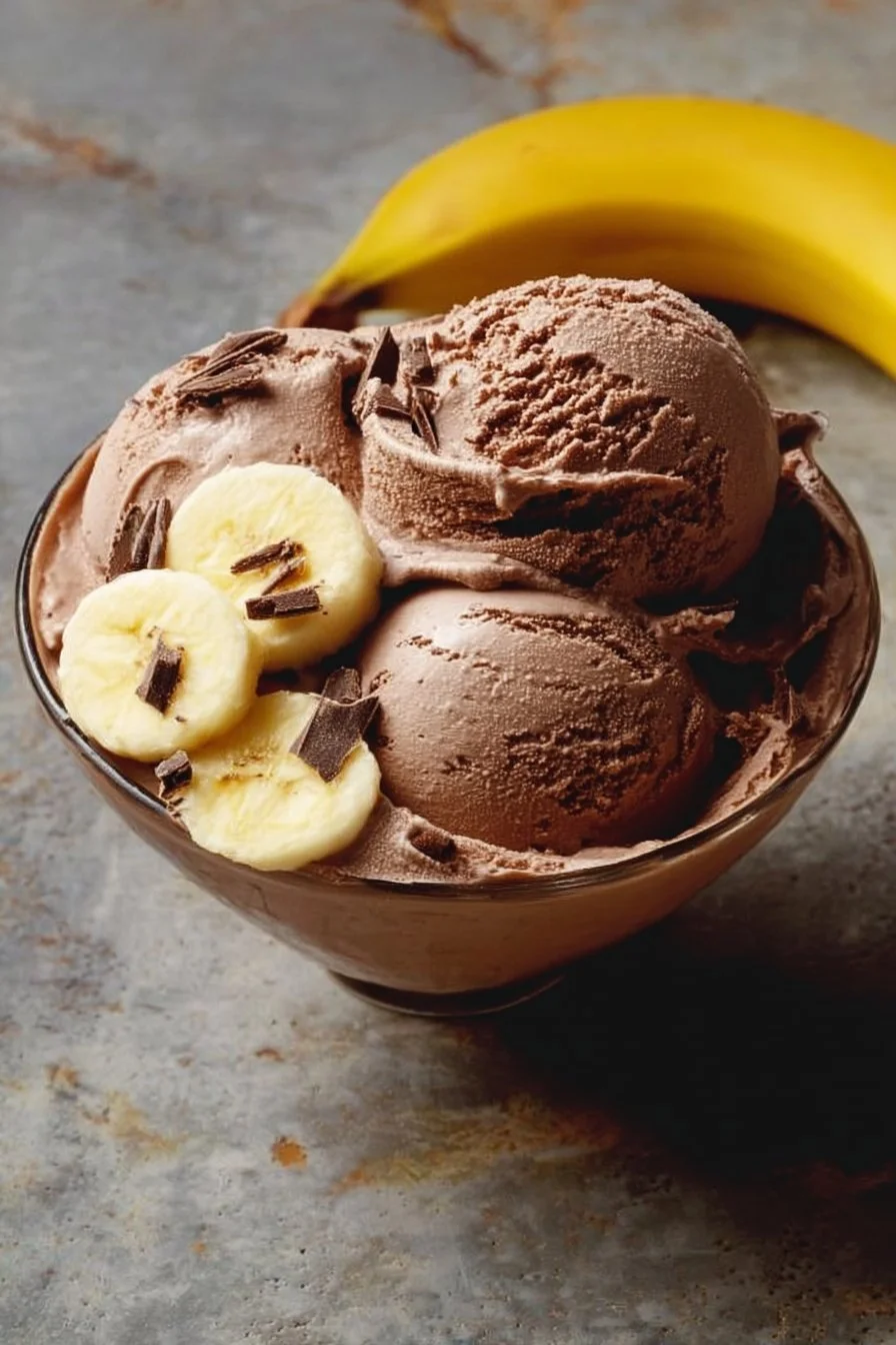 Delicious Chocolate Banana Frozen Yogurt served in a bowl with toppings