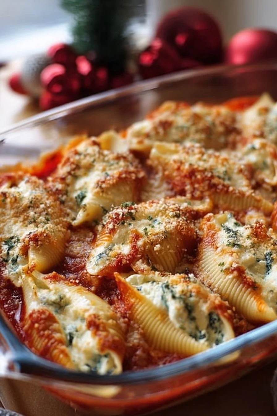 Christmas Stuffed Shells: A Festive Comfort Classic for the Holidays 2 Christmas stuffed shells garnished with herbs, a delightful holiday dish.