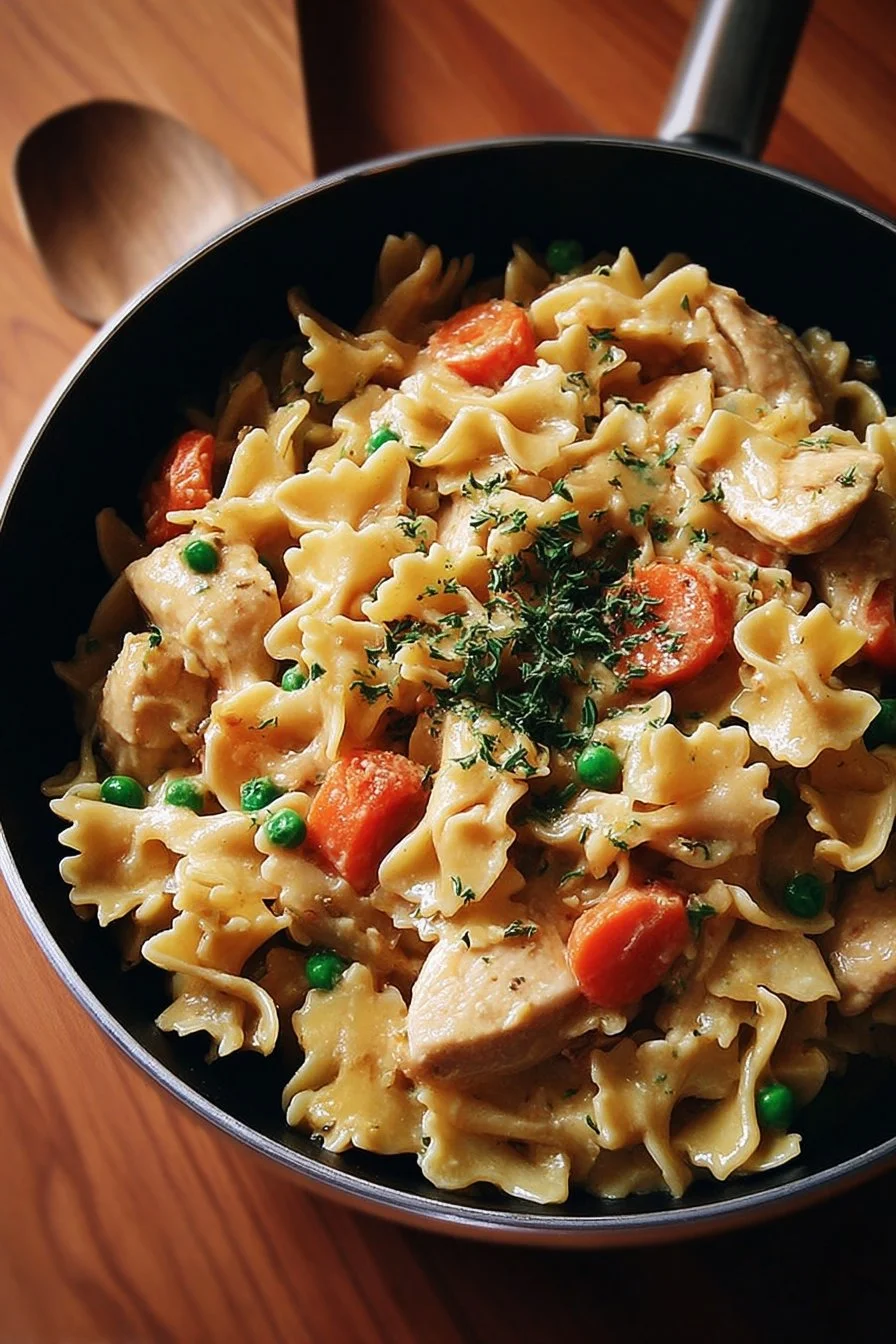 Classic Chicken Pot Pie Pasta dish with creamy sauce and vegetables in a bowl.