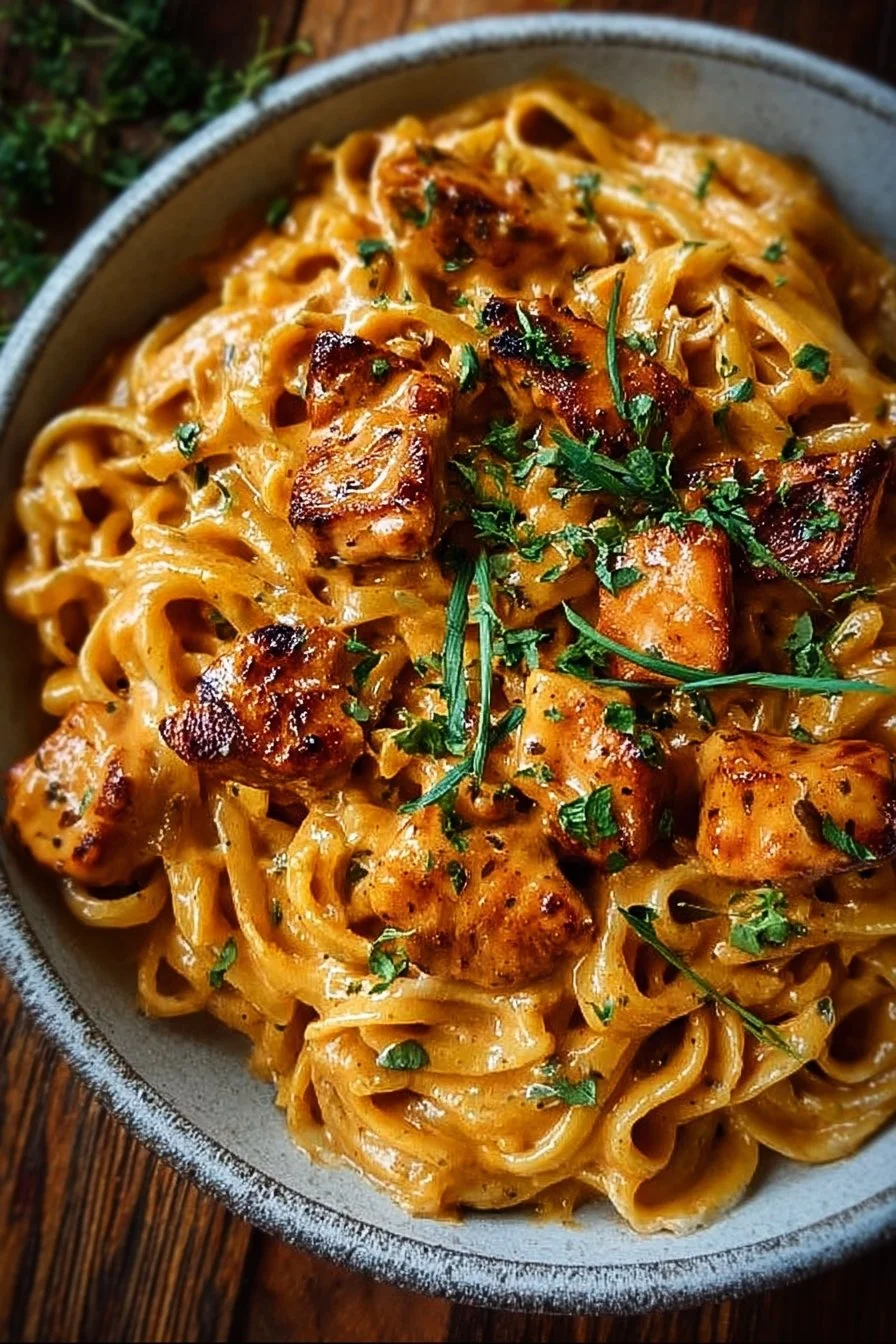 Creamy Cowboy Butter Chicken Pasta dish garnished with herbs