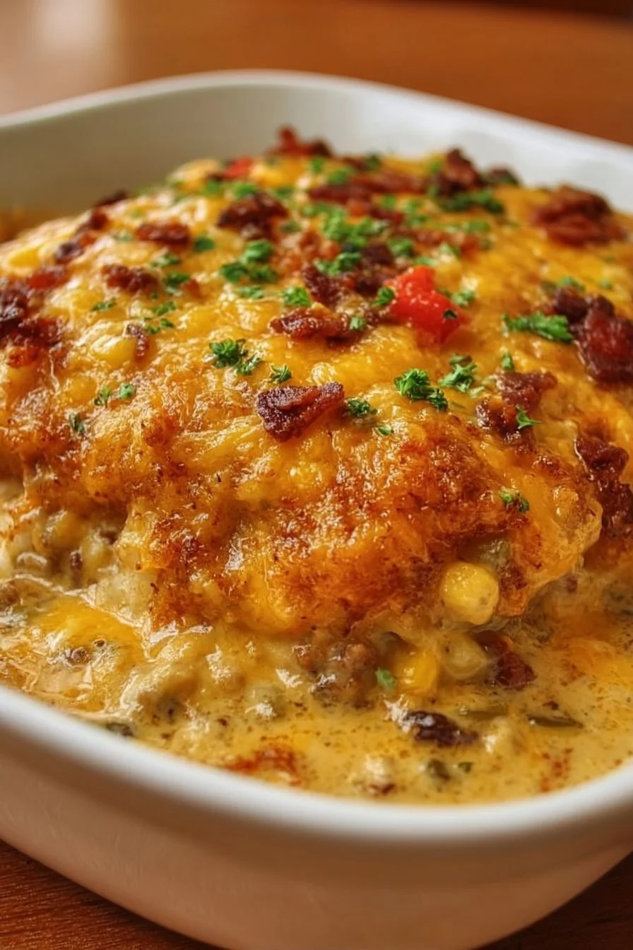 Cowboy Casserole: Discover a Deliciously Easy Recipe! 5 Delicious Cowboy Casserole served in a baking dish with a garnish of herbs.