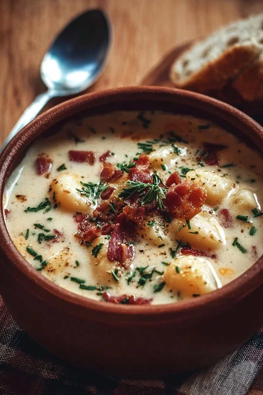 Bowl of creamy bacon gnocchi soup topped with herbs and crispy bacon