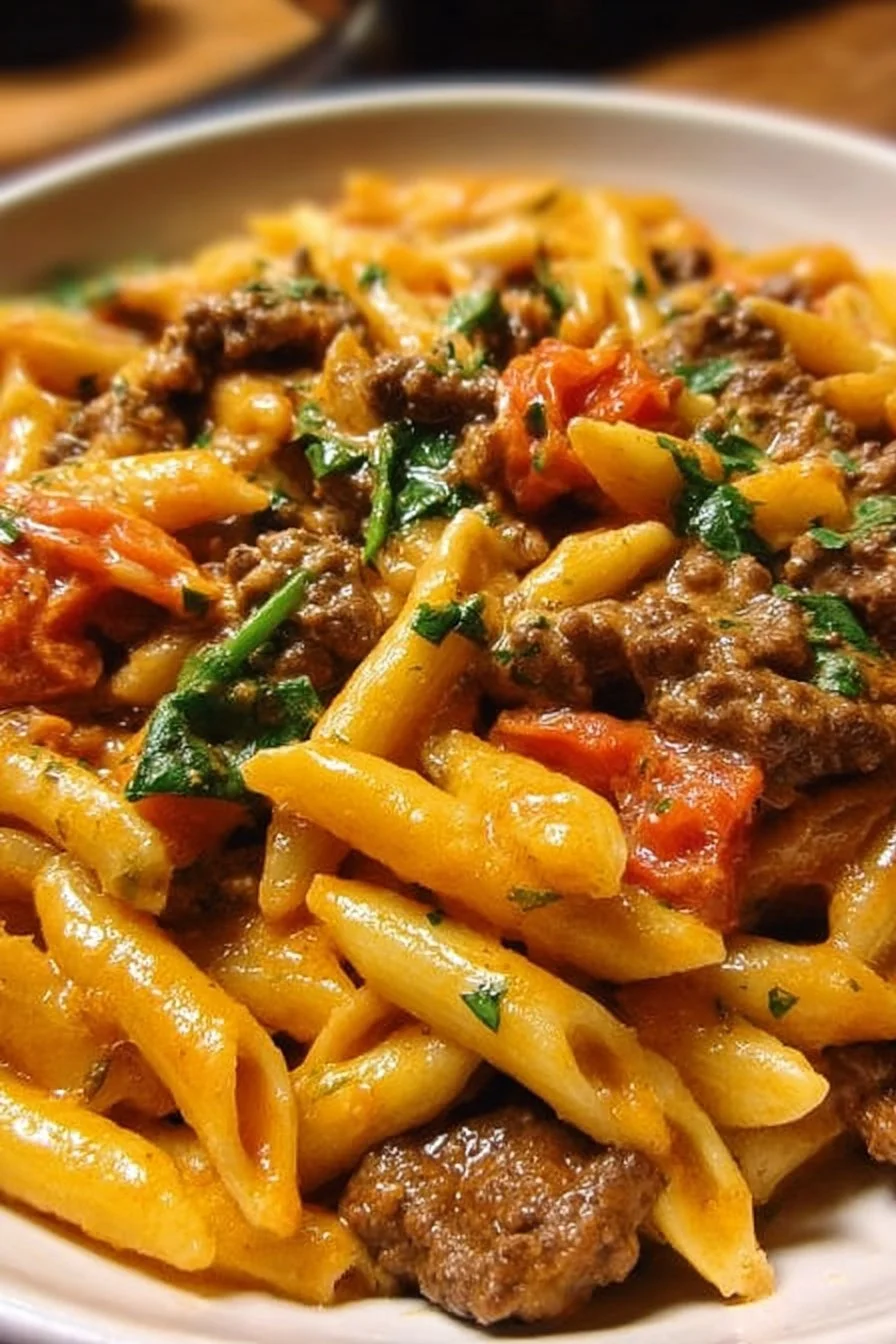 Creamy Beef Pasta 5 Creamy beef pasta dish served in a bowl, garnished with herbs.