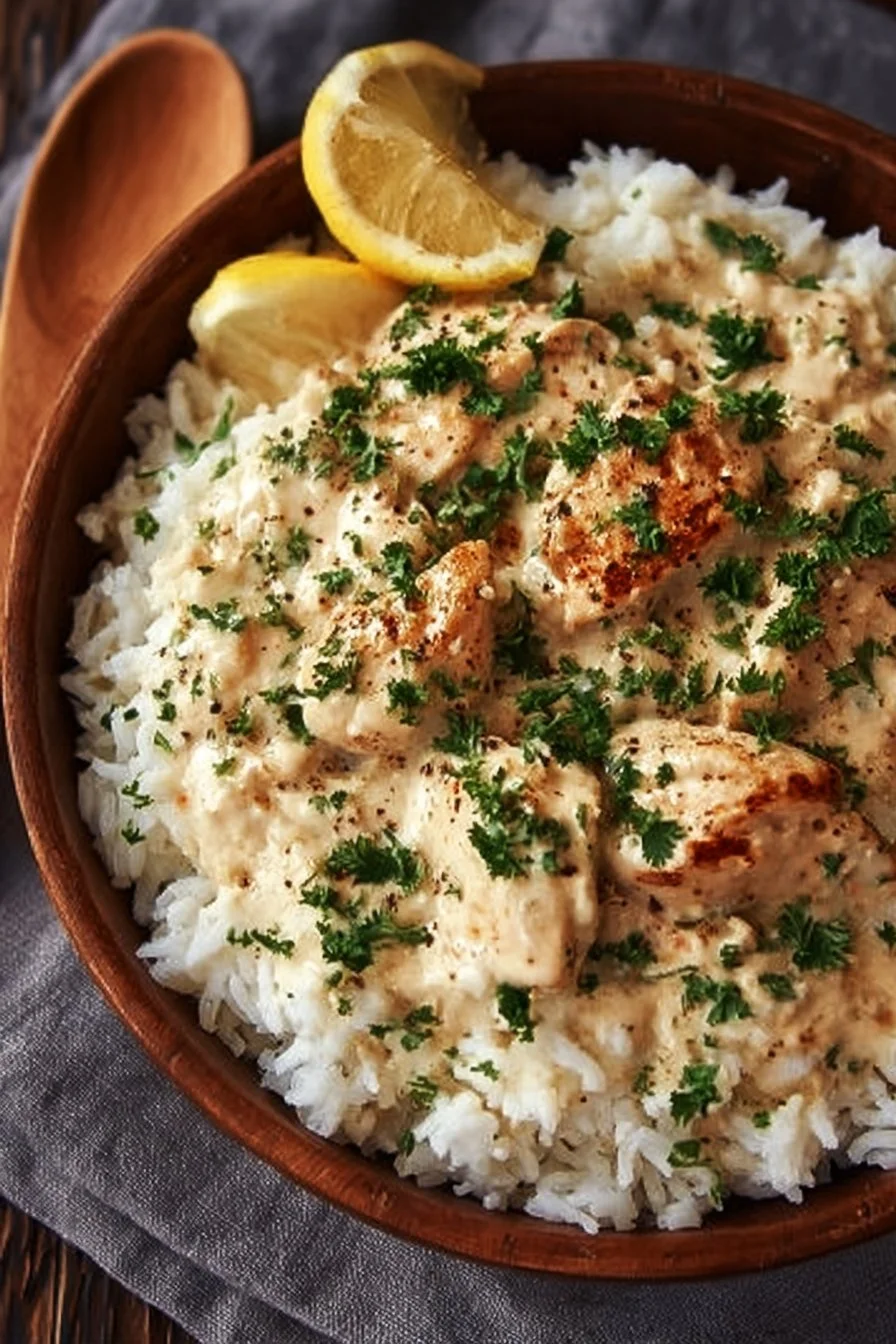Creamy Chicken and Rice 5 Creamy chicken and rice dish served in a bowl with herbs and spices