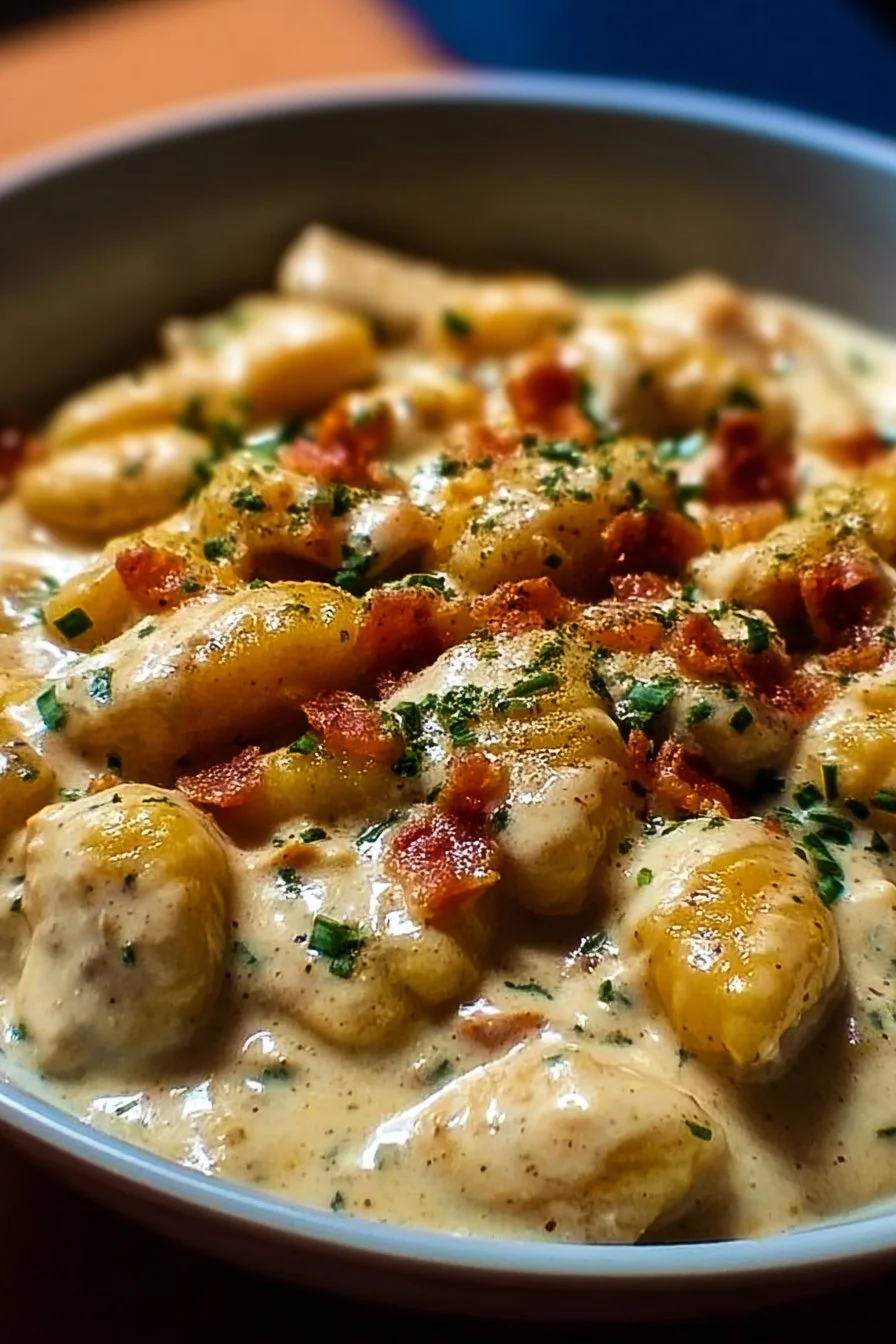 Bowl of creamy Crack Chicken Gnocchi topped with herbs and spices