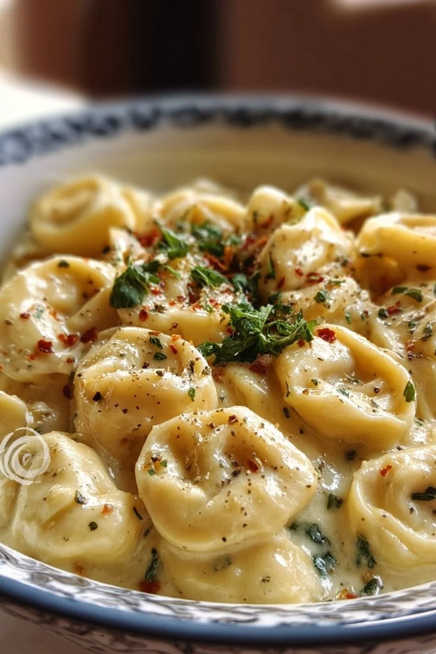 Creamy Crockpot Tortellini Alfredo: A Comfort Food Dream Come True 2 Creamy Crockpot Tortellini Alfredo served in a bowl with parsley garnishment