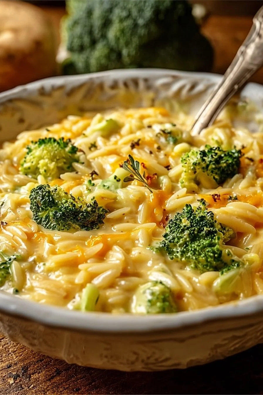 Creamy one-pot broccoli cheddar orzo with fresh broccoli and cheese