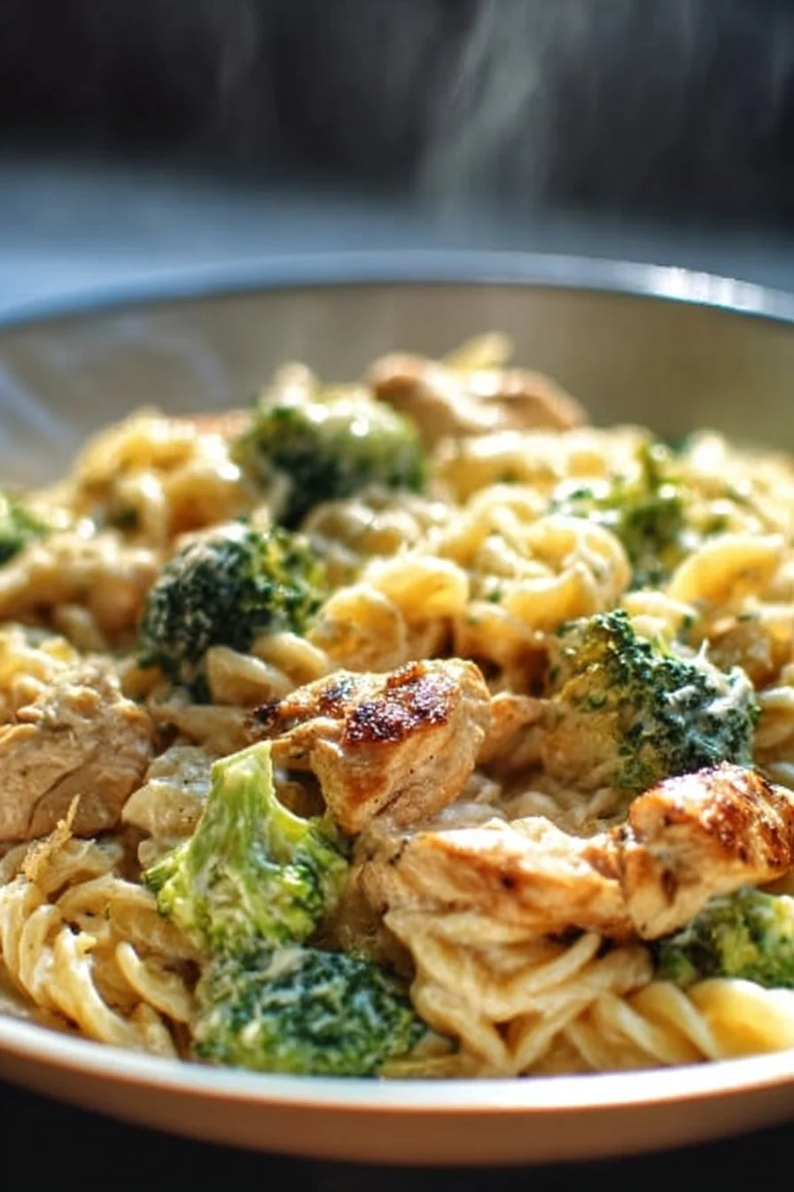 Creamy Rotisserie Chicken Broccoli Pasta 2 Creamy Rotisserie Chicken Broccoli Pasta in a bowl topped with herbs