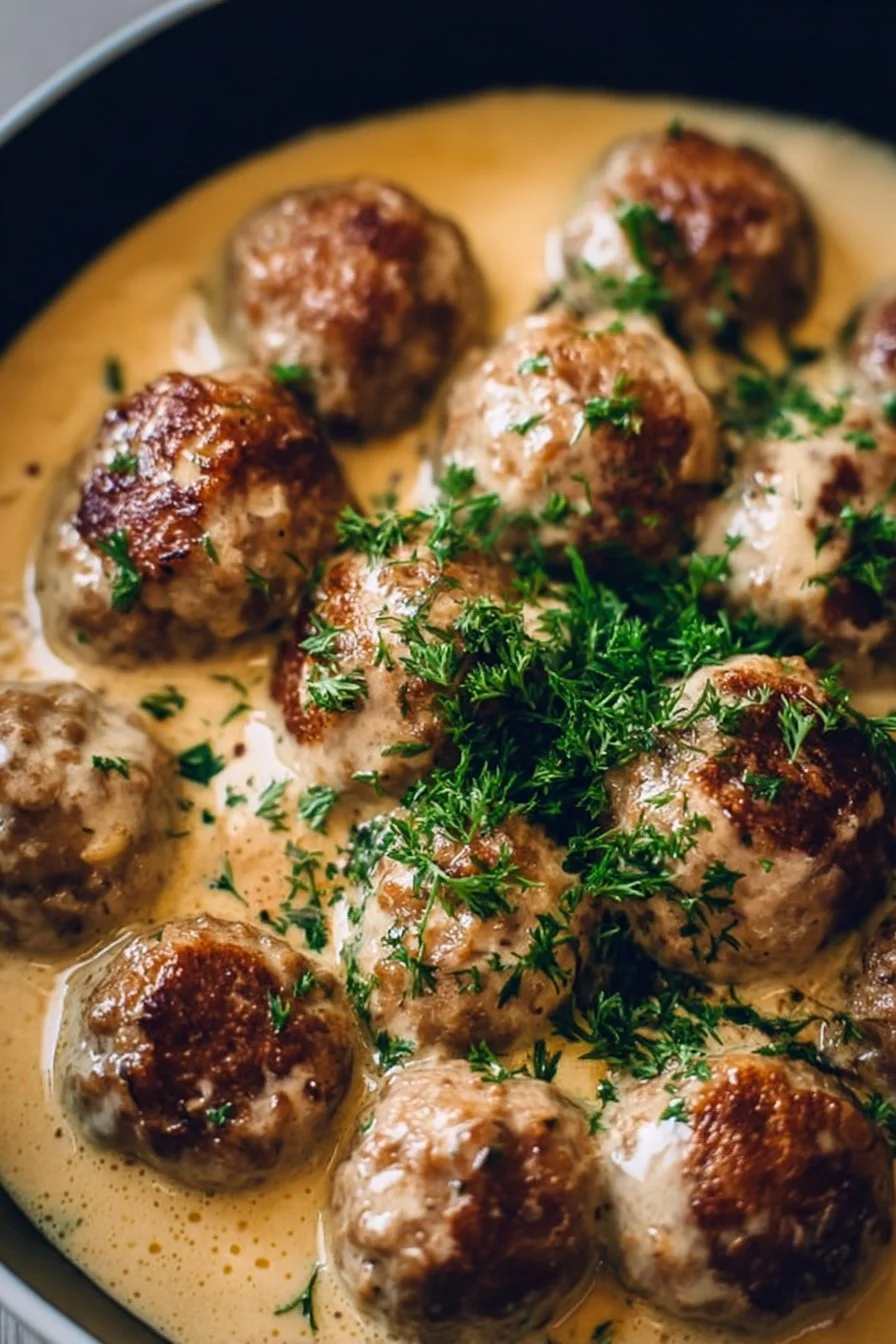Plate of creamy Swedish meatballs served with sauce and garnished with parsley