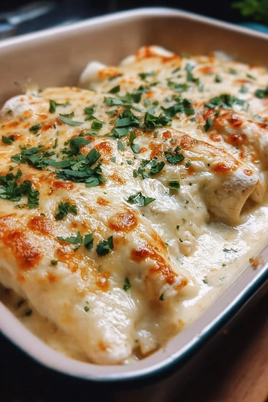 Delicious creamy white chicken enchiladas served with toppings