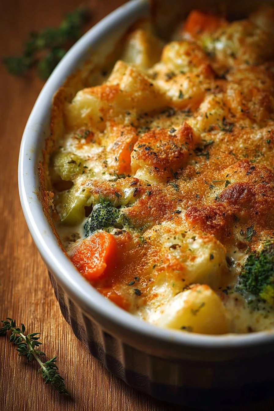 Creamy winter vegetable casserole with assorted seasonal vegetables and cheese
