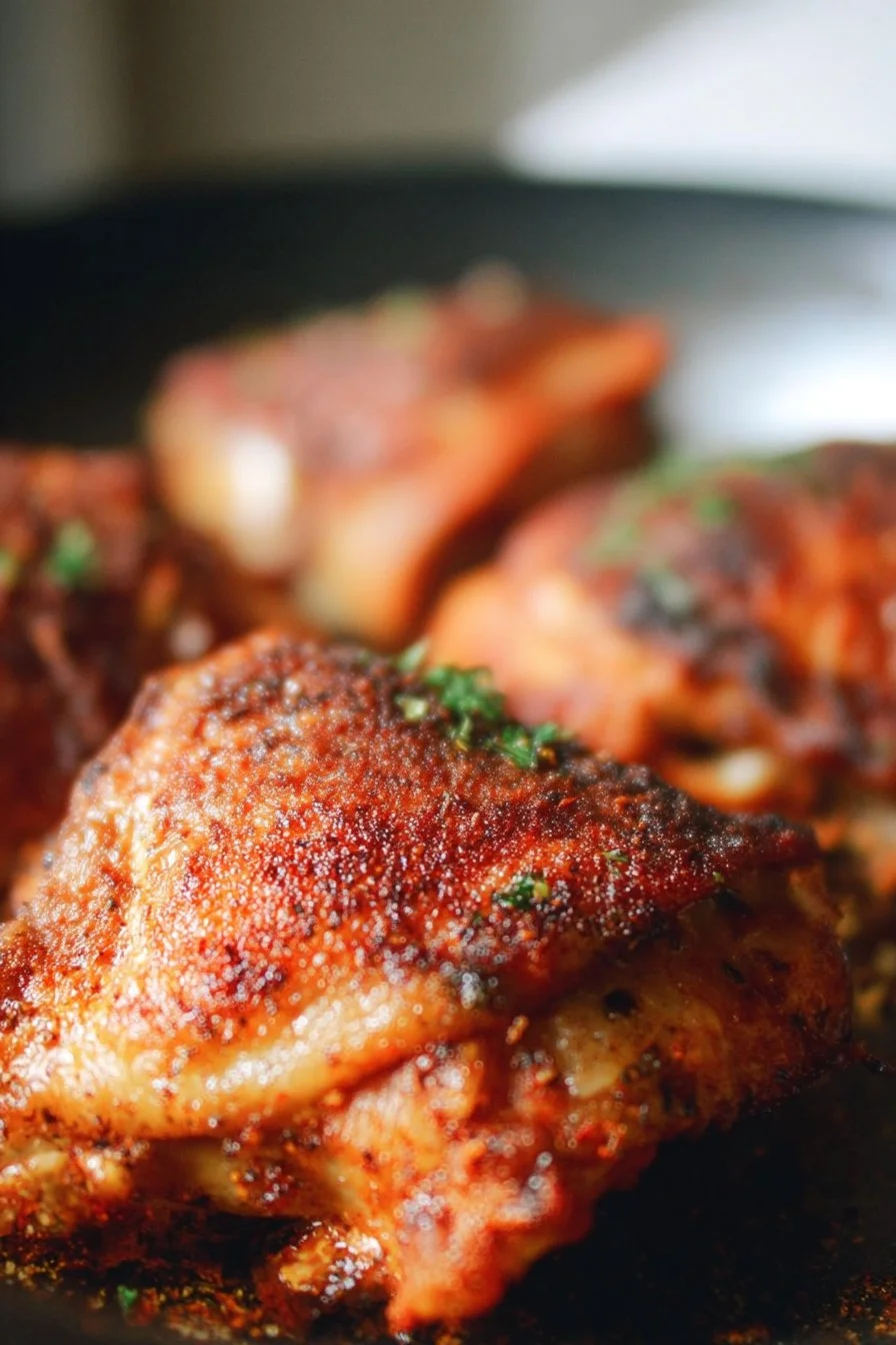 Crispy baked chicken thighs served with herbs and spices