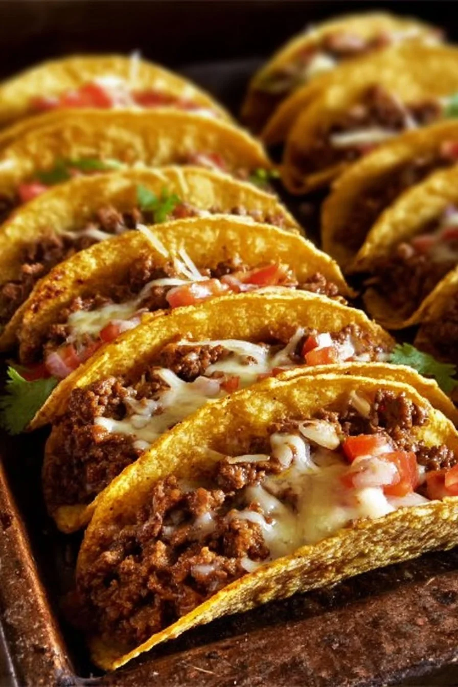 Crispy beef tacos with seasoned meat and fresh toppings on a plate