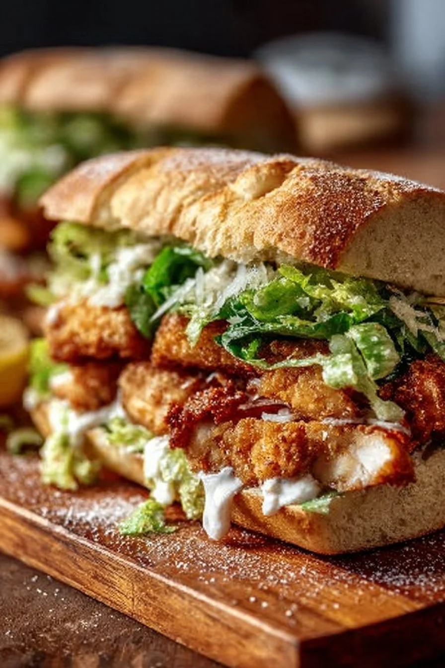 Delicious crispy chicken Caesar sandwich topped with romaine and Parmesan cheese