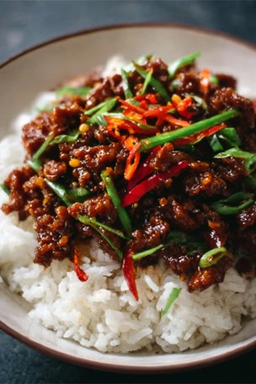 Crispy Chilli Beef Rice served with vibrant vegetables and a spicy sauce.