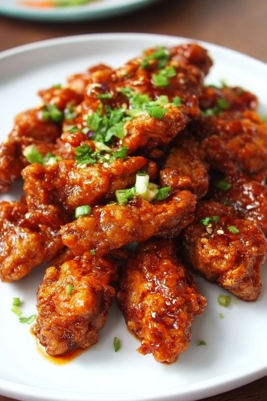 Plate of crispy chilli chicken garnished with green onions and red chilli flakes