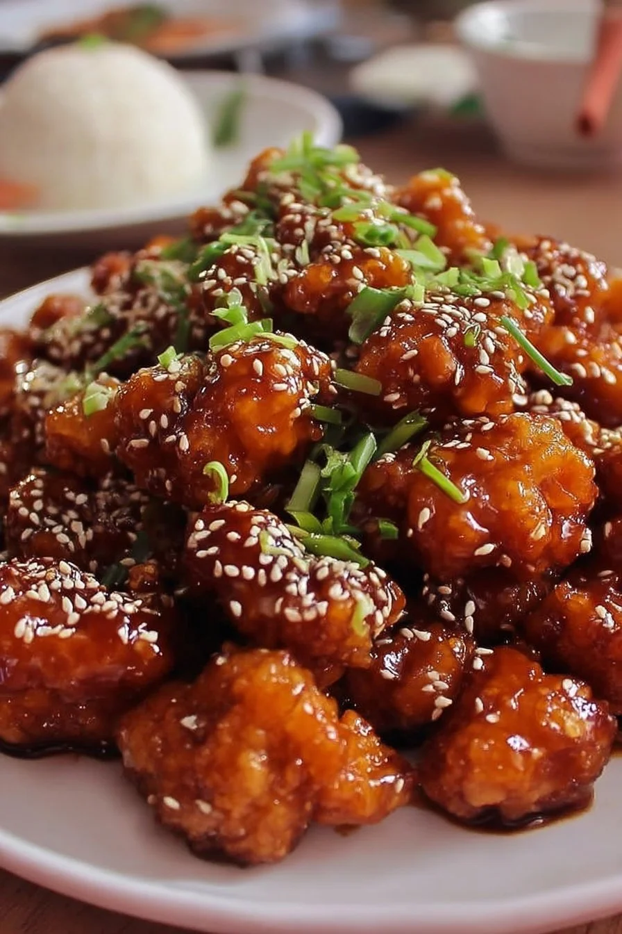 Crispy honey garlic chicken with golden glaze and sesame seeds