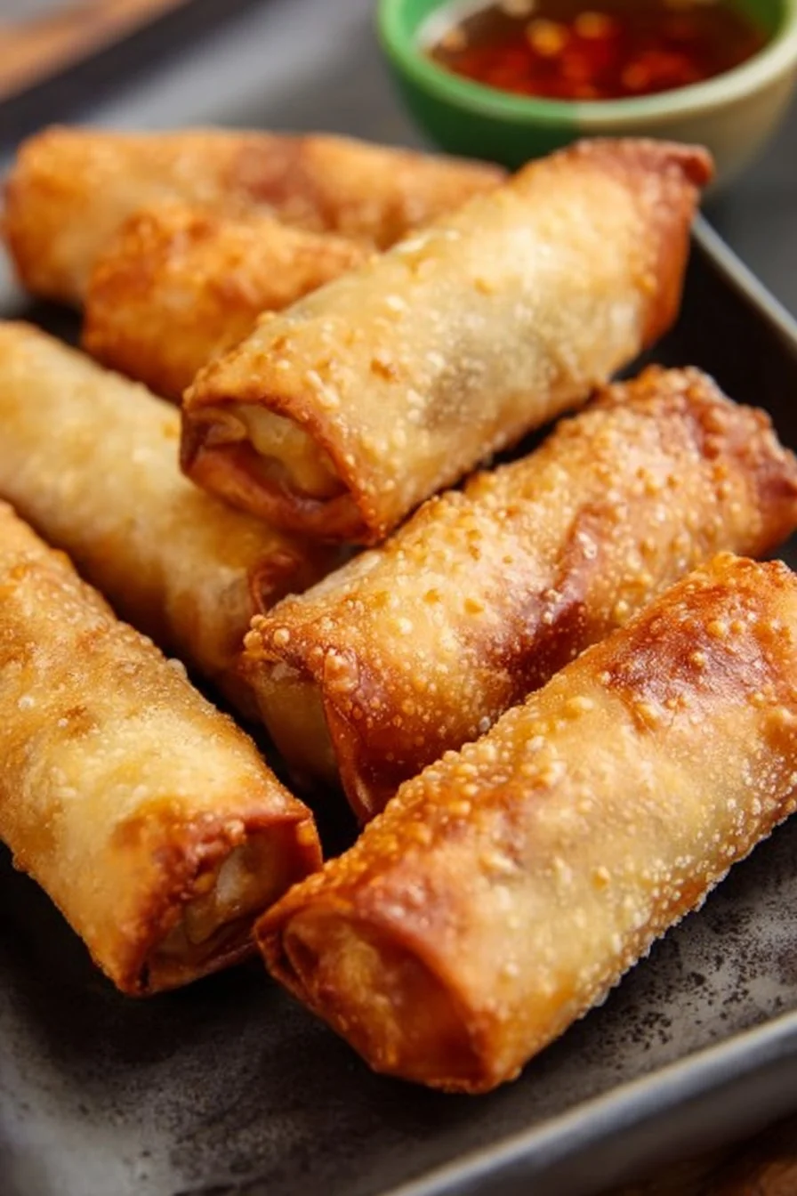 Crispy oven baked egg rolls on a plate with dipping sauce