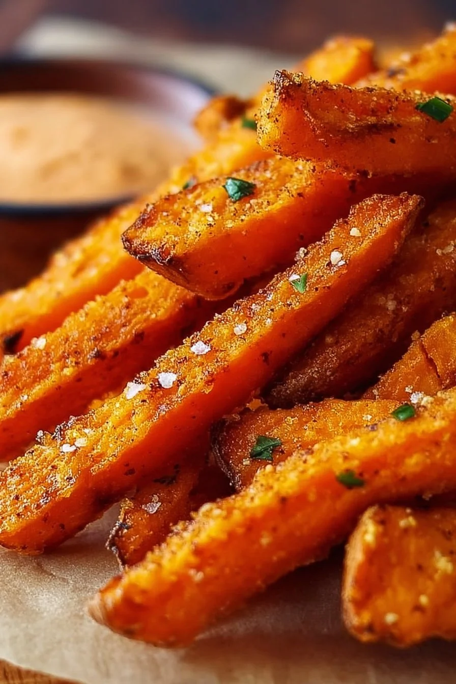 Crispy oven baked sweet potato fries served on a plate