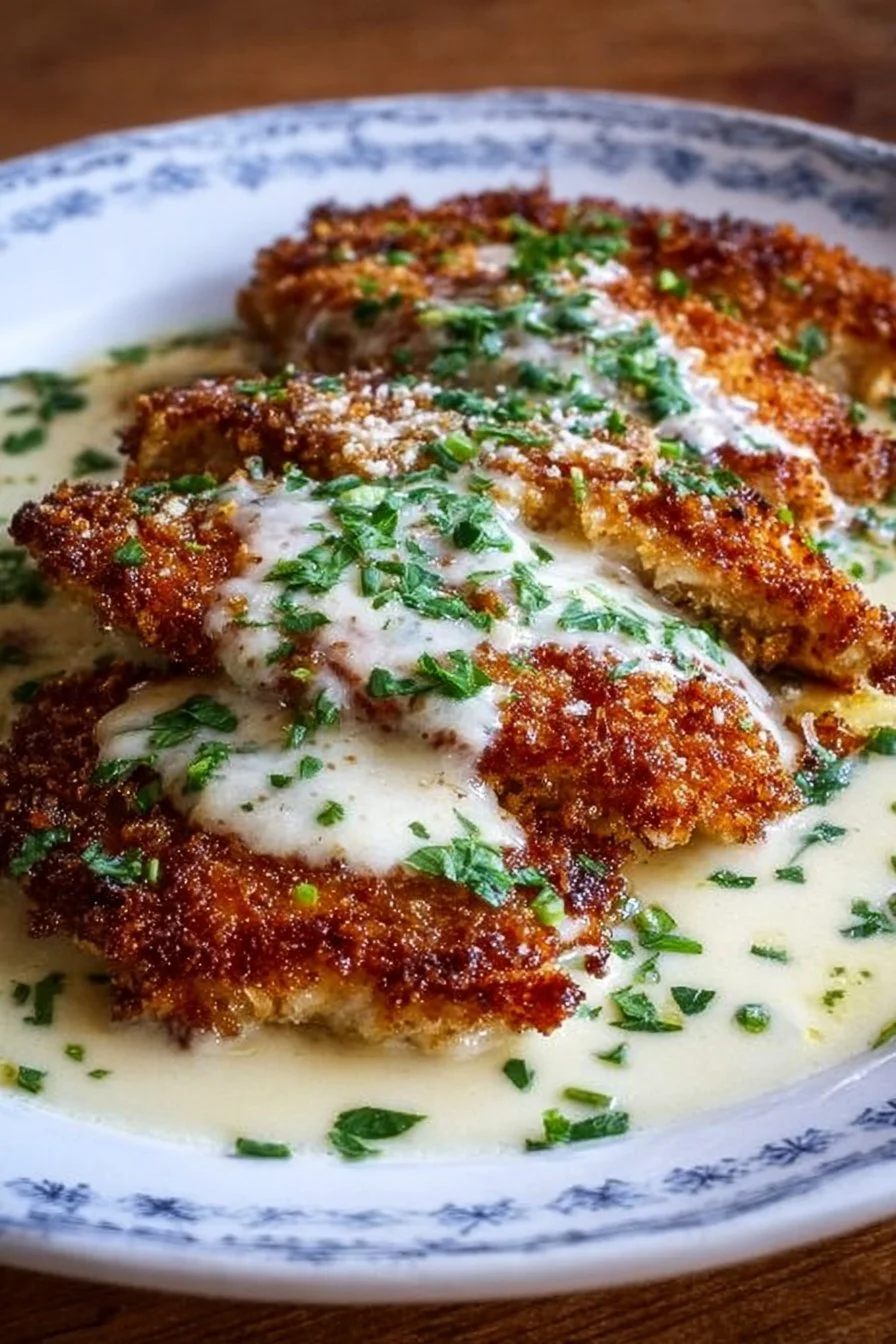 Crispy Parmesan Chicken with Garlic Cream Sauce 2 Crispy Parmesan chicken drizzled with creamy garlic sauce served on a plate