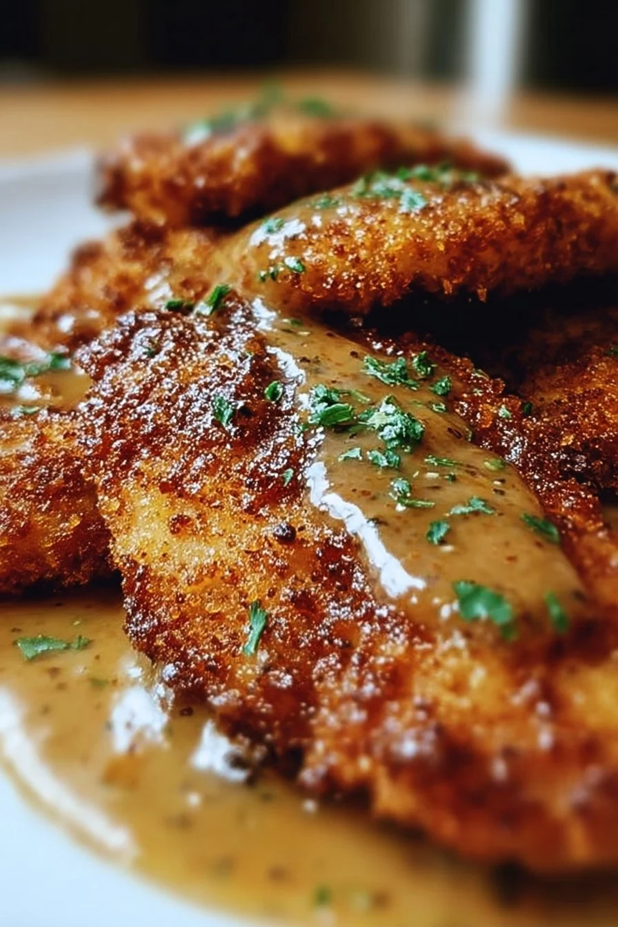 Crispy Parmesan chicken served with rich garlic sauce on a plate