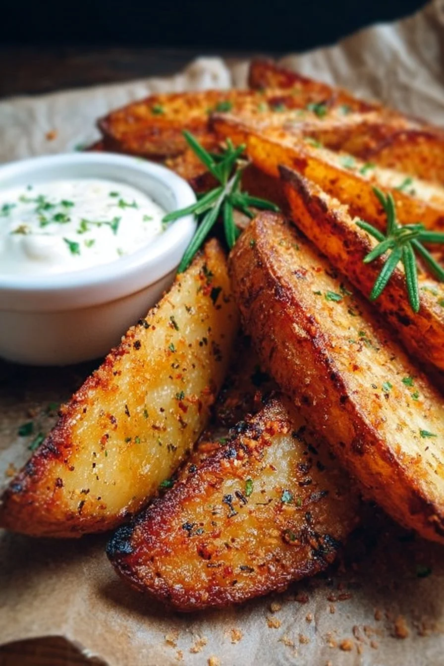 Plate of crispy potato wedges garnished with herbs and spices