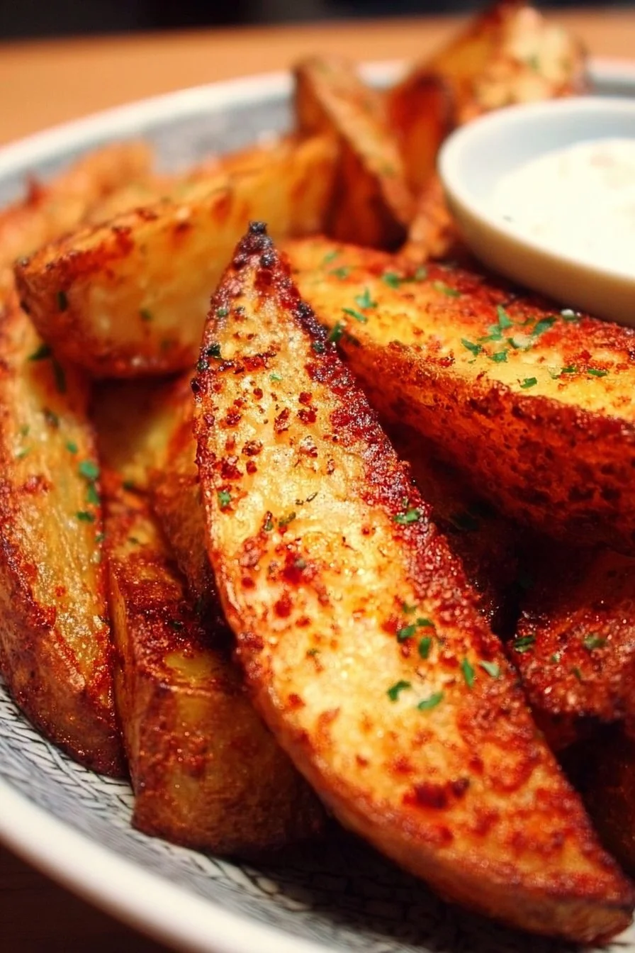 Crispy potato wedges served with dipping sauce on a wooden table.