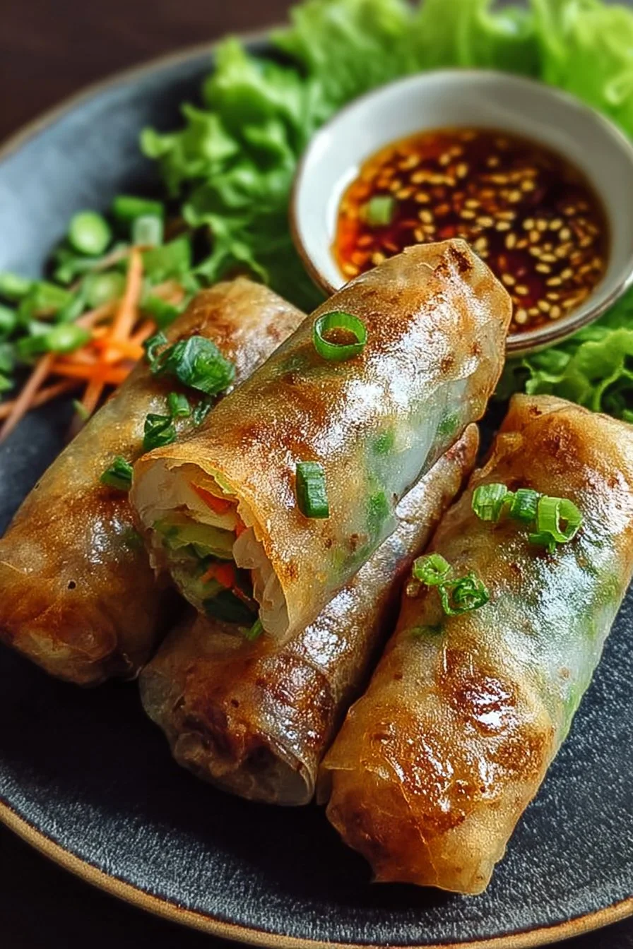 Crispy Rice Paper Spring Rolls 2 Crispy rice paper spring rolls filled with fresh vegetables and herbs