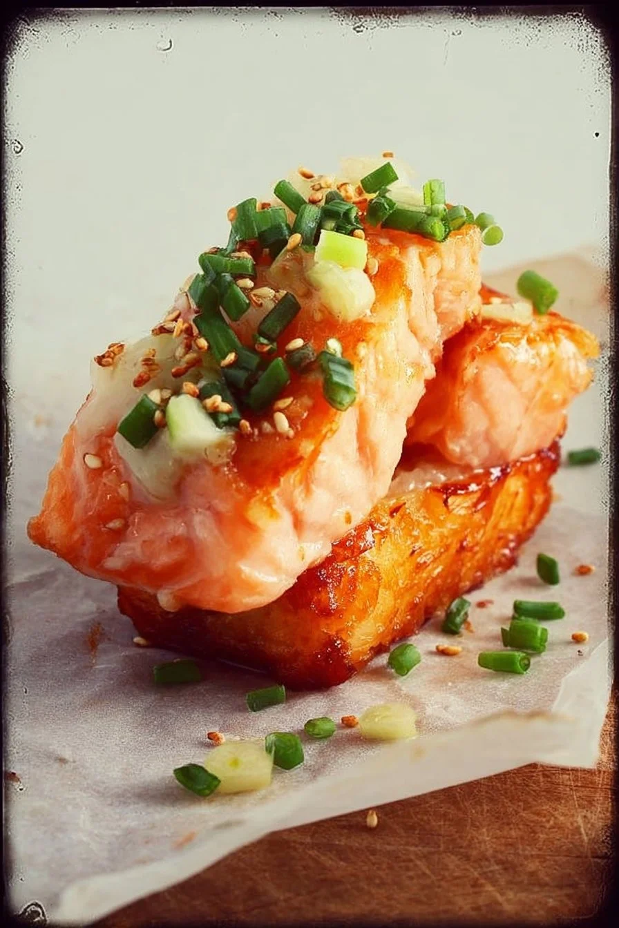 Crispy Rice Salmon dish garnished with fresh herbs and served on a plate