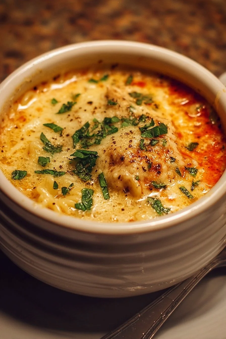 Bowl of Crock Pot Creamy Chicken Parmesan Soup with herbs and grated cheese