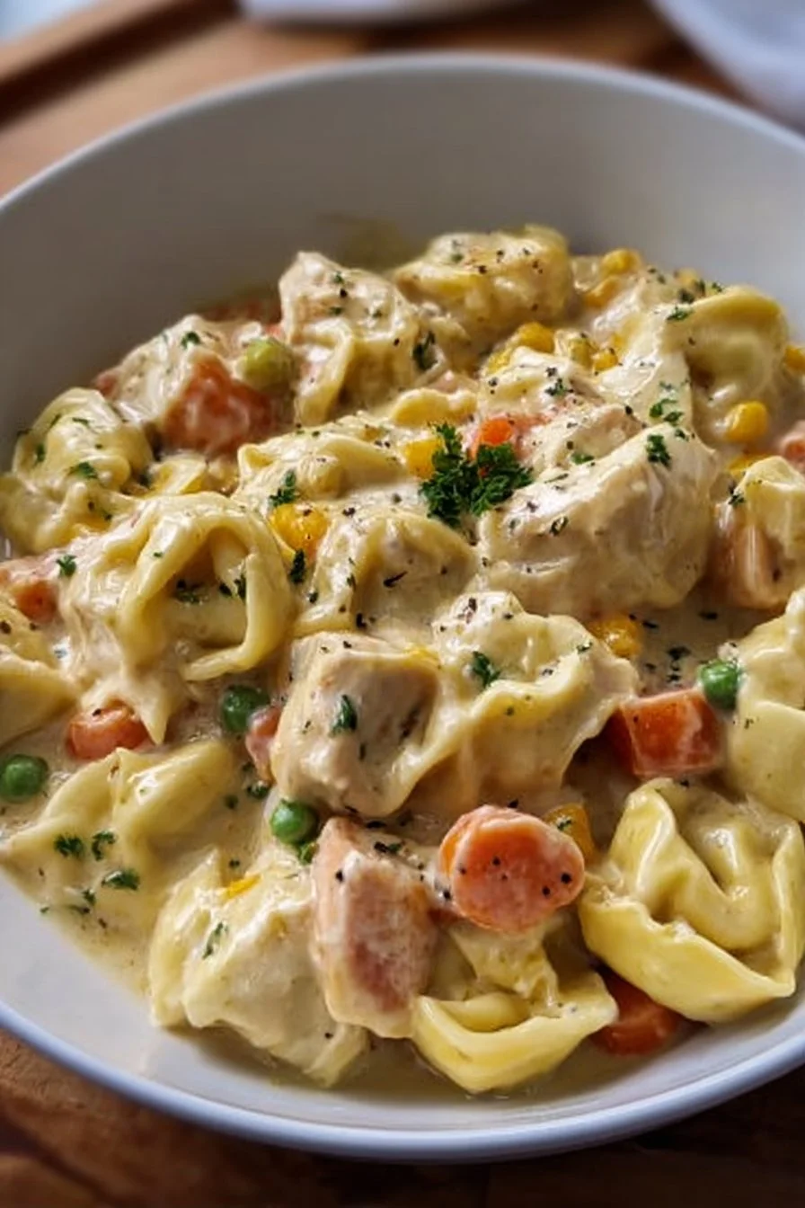 Crockpot Cheddar Chicken Pot Pie Tortellini - Creamy, Cozy & Family-Friendly 2 Crockpot Cheddar Chicken Pot Pie Tortellini in a bowl with fresh herbs