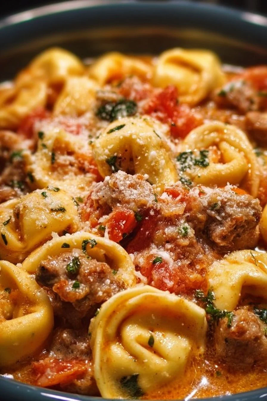 Crockpot cheese tortellini with sausage served in a bowl
