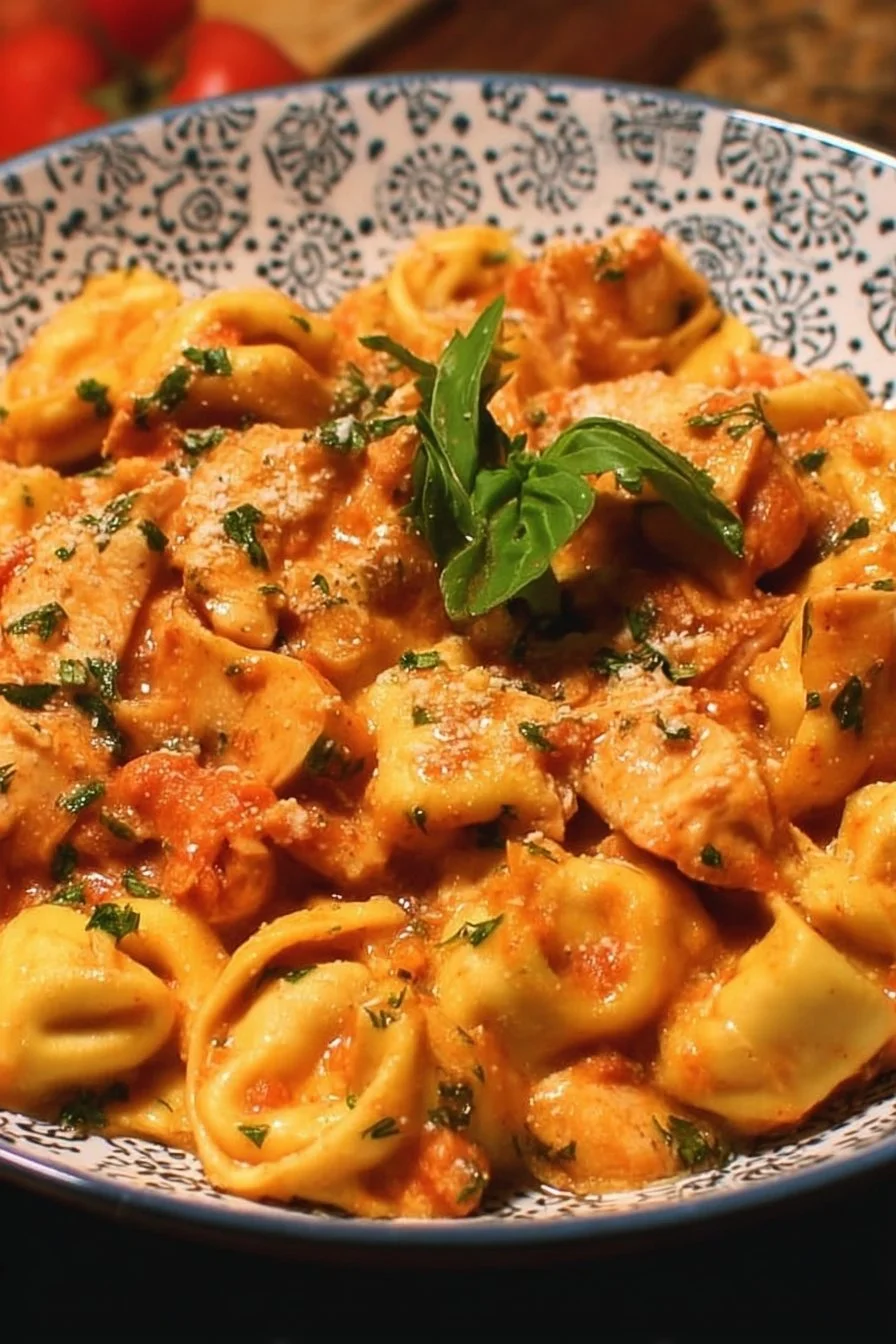 CrockPot Chicken Tortellini 2 CrockPot Chicken Tortellini served in a bowl with fresh herbs