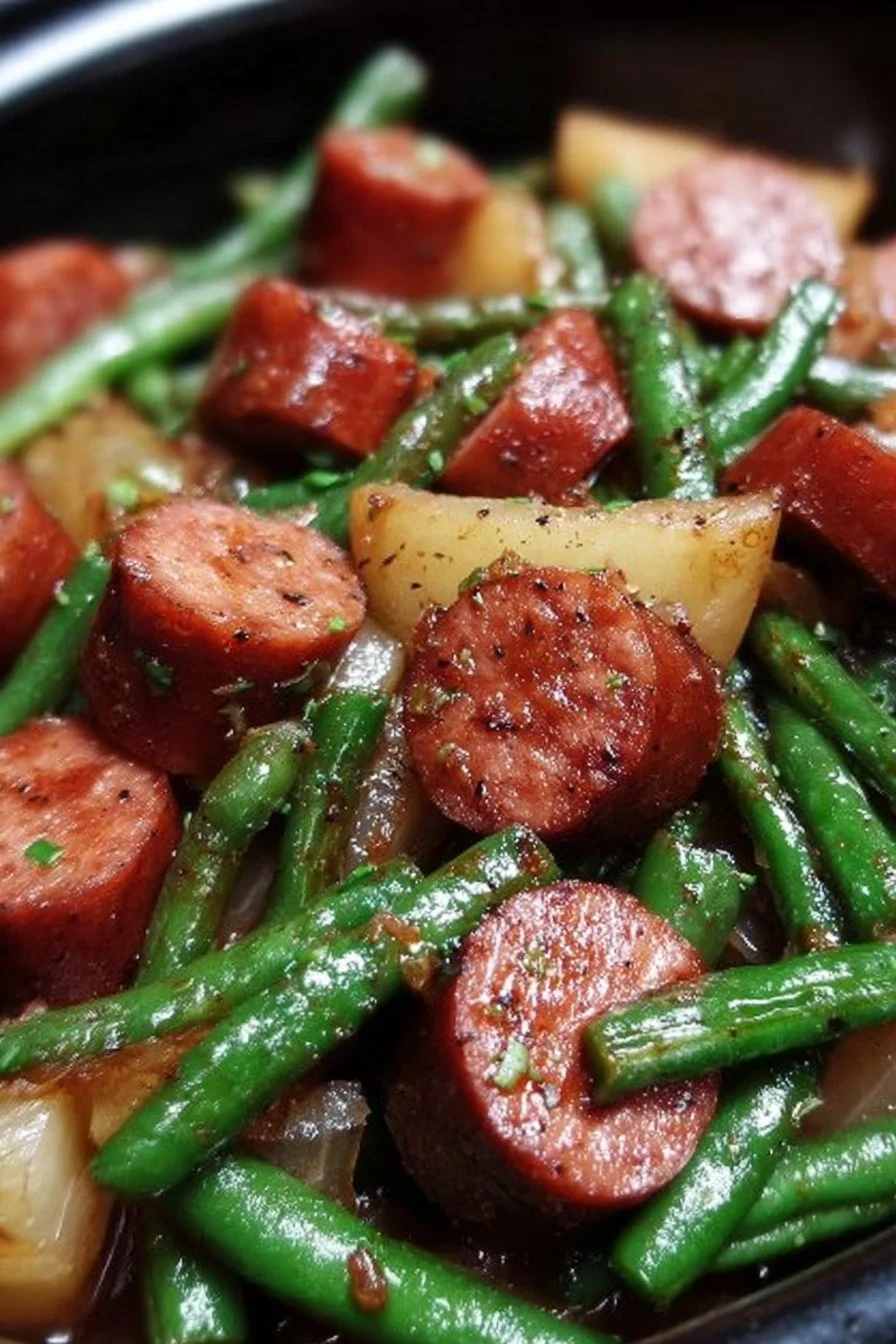 Crockpot Kielbasa served with green beans in a slow cooker dish.